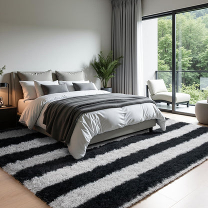 Zentavio Area Rugs for Living Room Large Rugs for Bedroom 5x8 Carpet Fluffy Fuzzy Soft Shag Aesthetic Plush High Pile Gray Throw Rug for Nursery Kids Room Dorm Horizontal Stripes Black Grey