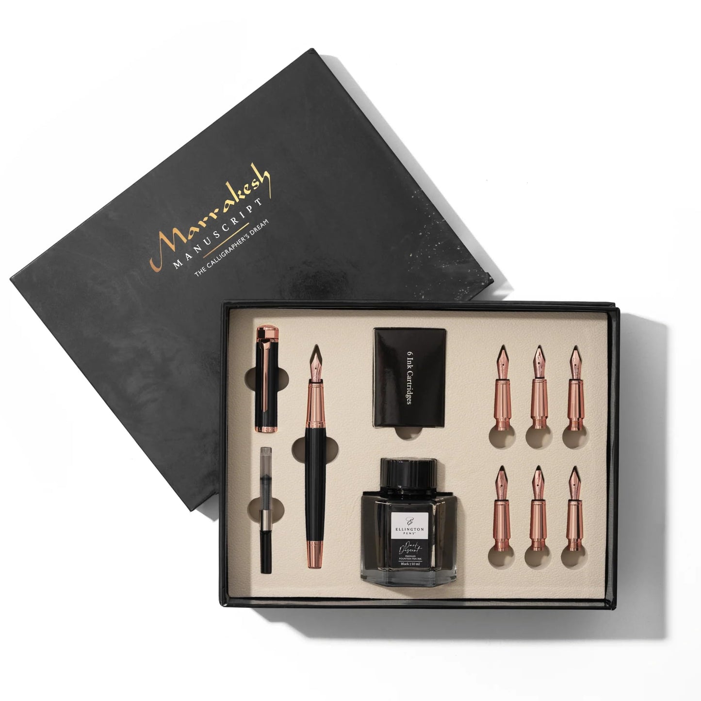 Ellington Pens Luxury Calligraphy Set - Premium Fountain Pen with 6 Nibs, 50 ml Black Ink Bottle, 6 Cartridges, Converter, Elegant Gift Box – Perfect for Drawing, Writing, Gifting (Midnight Rose)
