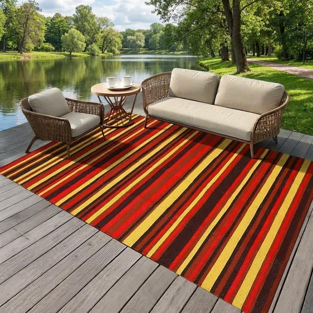 GAOMON 9x18 Outdoor Rug Waterproof for Patio Plastic Straw Large Rug Geometric Stripe Indoor Outdoor Area Rug Modern Lines Camping Rugs for RV Porch Deck B Trailer Beach, Purple/Red/Orange/Yellow