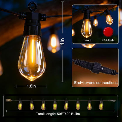 BYIZO 50FT Outdoor String Lights with Remote, 20 Dimmable Shatterproof LED Bulbs, Waterproof Patio & Backyard Lights for Pergola, Deck, Garden, Bistro, Commercial Grade Hanging Lights