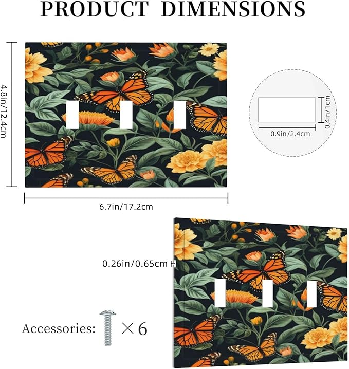 Butterflies Flower Garden Light Switch Covers 3 Gang Triple Toggle Wall Plate Decorative Switchplate Electrical Faceplate for Farmhouse Living Decor