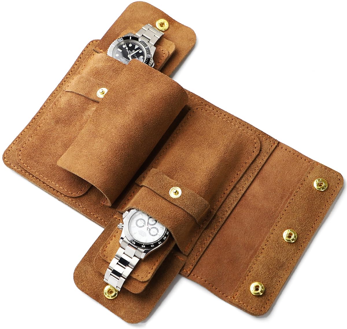 Sight Focus 2 Slots Portable Travel Watch Box Full Leather Double Watch Case Pouch Watch Holder Organizer Storage Jewelry Wristwatch Roll Secure Storage Durable Easy Carry On Coffee