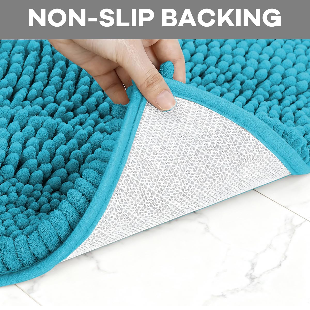 RUN HELIX Teal Bathroom Rug Set - 4 Piece with Toilet Lid Cover, Non Slip Mats, Extra Soft Chenille, Absorbent Shaggy, Perfect Plush U-Shaped Toilet Rug
