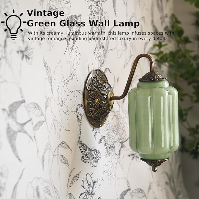 Antique Gold Milk Glass Wall Sconce - Vintage Green Shade & Brass Finish Base - Indoor Wall Lighting Fixture for Living Room, Bedroom, Bathroom, Hallway, Entryway (Green)