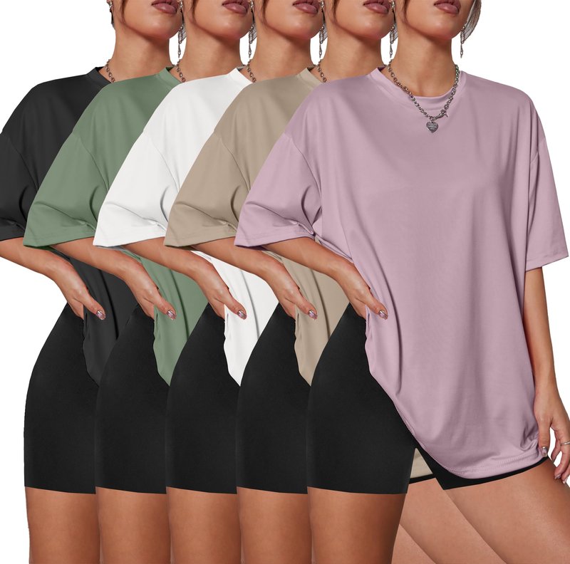 Kinglaman 5 Pack Womens Oversized T Shirts Crew Neck Loose Fit Short Sleeve Tshirts Summer Workout Plus Size Tee Tops 1 Black 1 White 1 Army Green 1 Khaki 1 Dark Pink X-Large