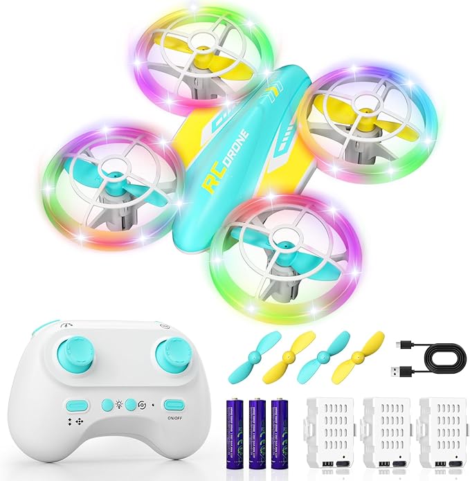 LED RC Drone for Kids 6+ Christmas Birthday Gift for Boys &amp Girls with Remote Batteries 360° Flip High Speed Mode 45 Min Flight Indoor and Outdoor Flying Toy - Blue Yellow