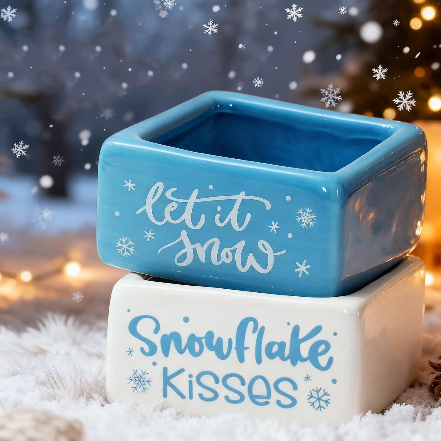FYSUIMU Winter Mini Candy Dish Set of 2 Candy Bowl White Blue Snowflake Kisses Ceramic Bowls for Xmas Winter Table Tiered Tray Decor