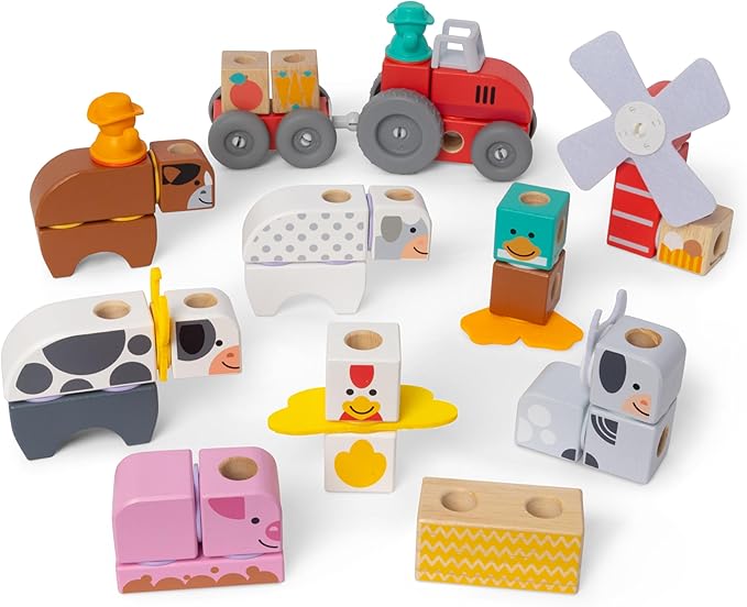 Melissa &amp Doug Blockables™ Farm and Farm Friends 2-Pack Bundle Connectable Wooden Building Blocks Preschool Play Set Toy