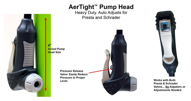 AerGun X-1000 Bike Pump – Unique AerTight Pump Head for Easiest use with Both Presta and Schrader Bicycle Pump Valves – Pressure Gauge – 160 PSI
