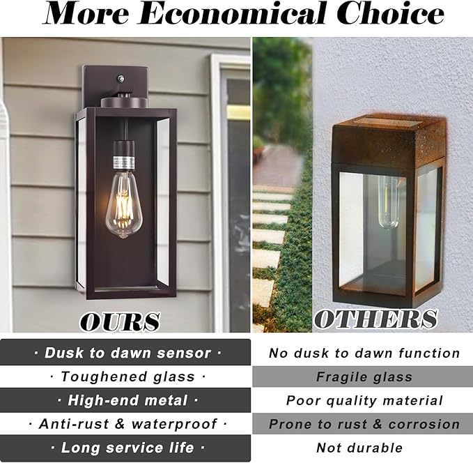 16-inch Oil-Rubbed Bronze Dusk to Dawn Outdoor Wall Light Fixtures, Exterior Waterproof Wall Lanterns, Brown Porch Sconces Lighting, Modern Outside Lights for House Patio Front Door Entryway, 2-Packs