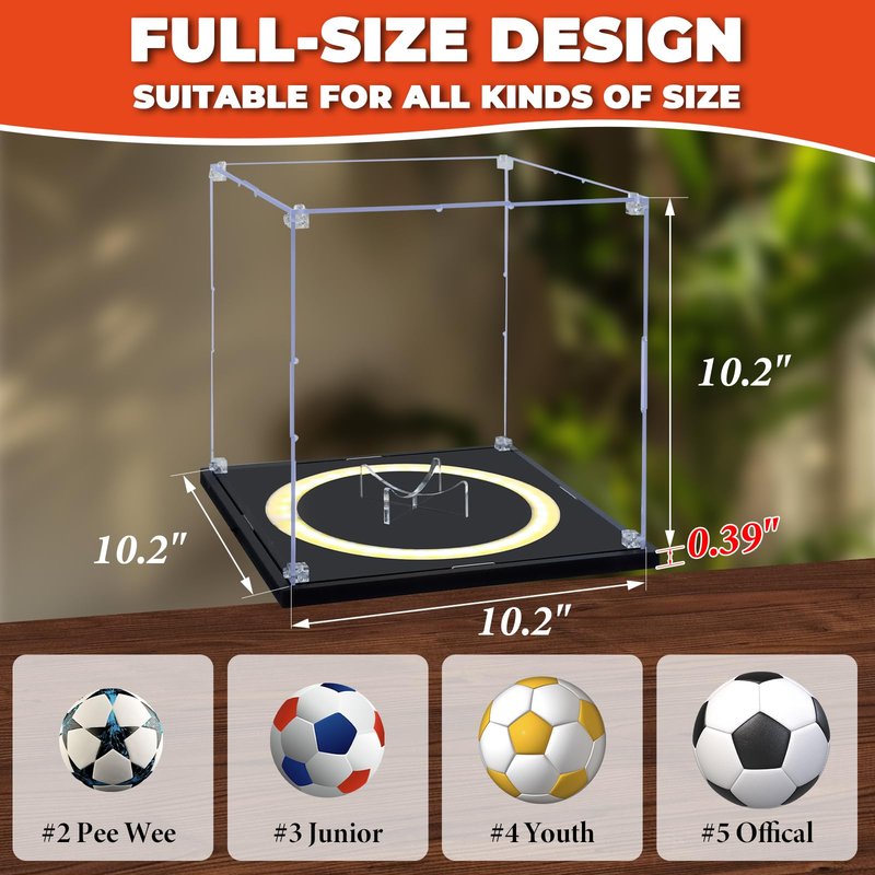 DORYBEN Soccer Display Case with Light,Full Size Acrylic Box with Removable Built-in Ball Display Stand, UV Protected Clear Case for Soccer Fans & Collectors, Sports Collectibles