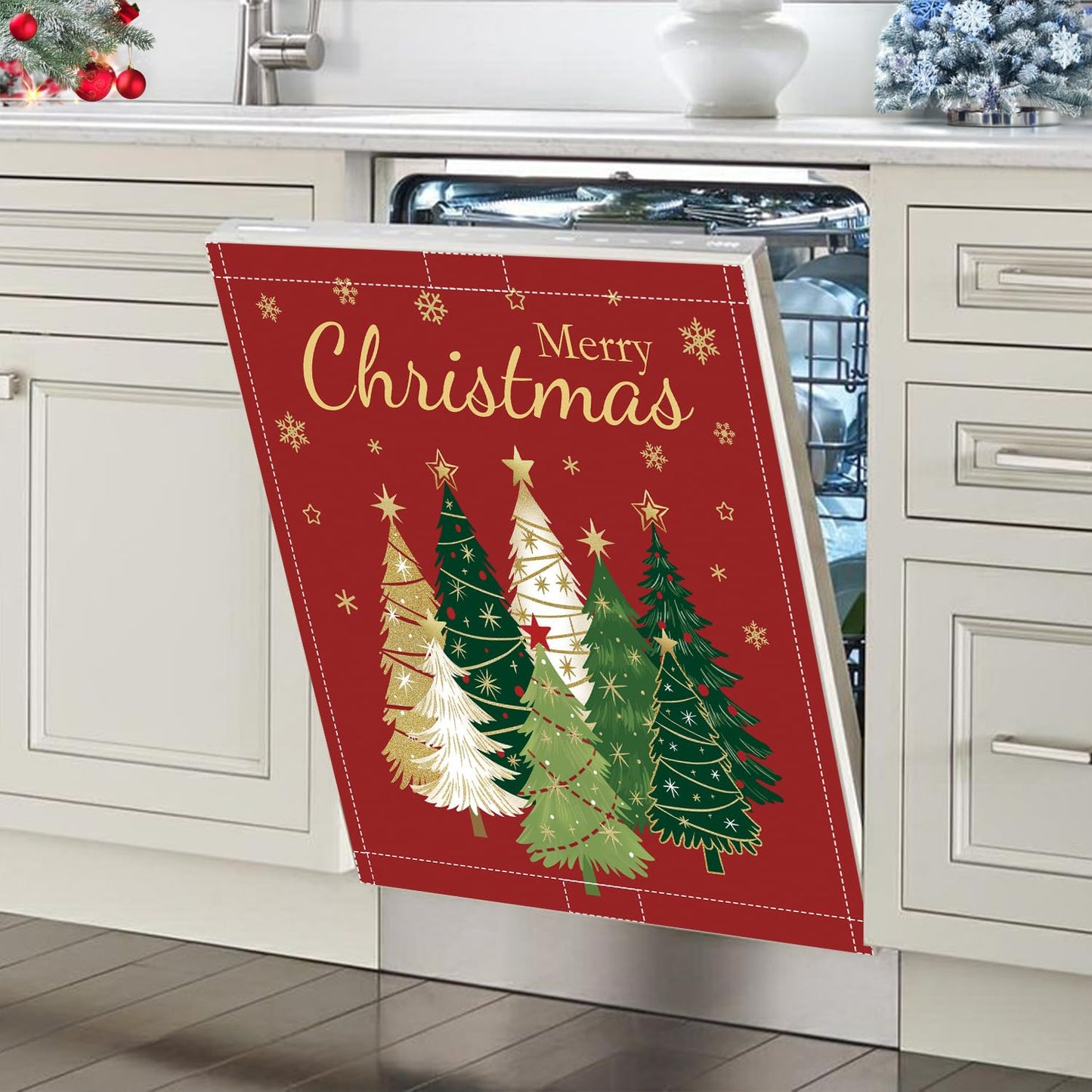 Christmas Tree Magnet Cover 23x26in Merry Christmas Dishwasher Cover for Washers Fridge Panel, Gold Snowflake Magnetic Covers for Kitchen, Reusable Cover, Christmas Holly Evergreen Kitchen Decor