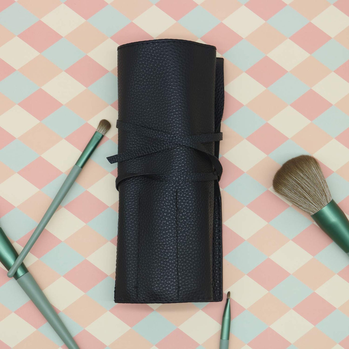 Bird&Fish Makeup Brush Case Travel, makeup brush bag，makeup brush silicone case roll up bag,Rolling Bag Storage Case PU Leather,Holder Organizer Brushes Pouch Cosmetic Bag for Travel(Black)