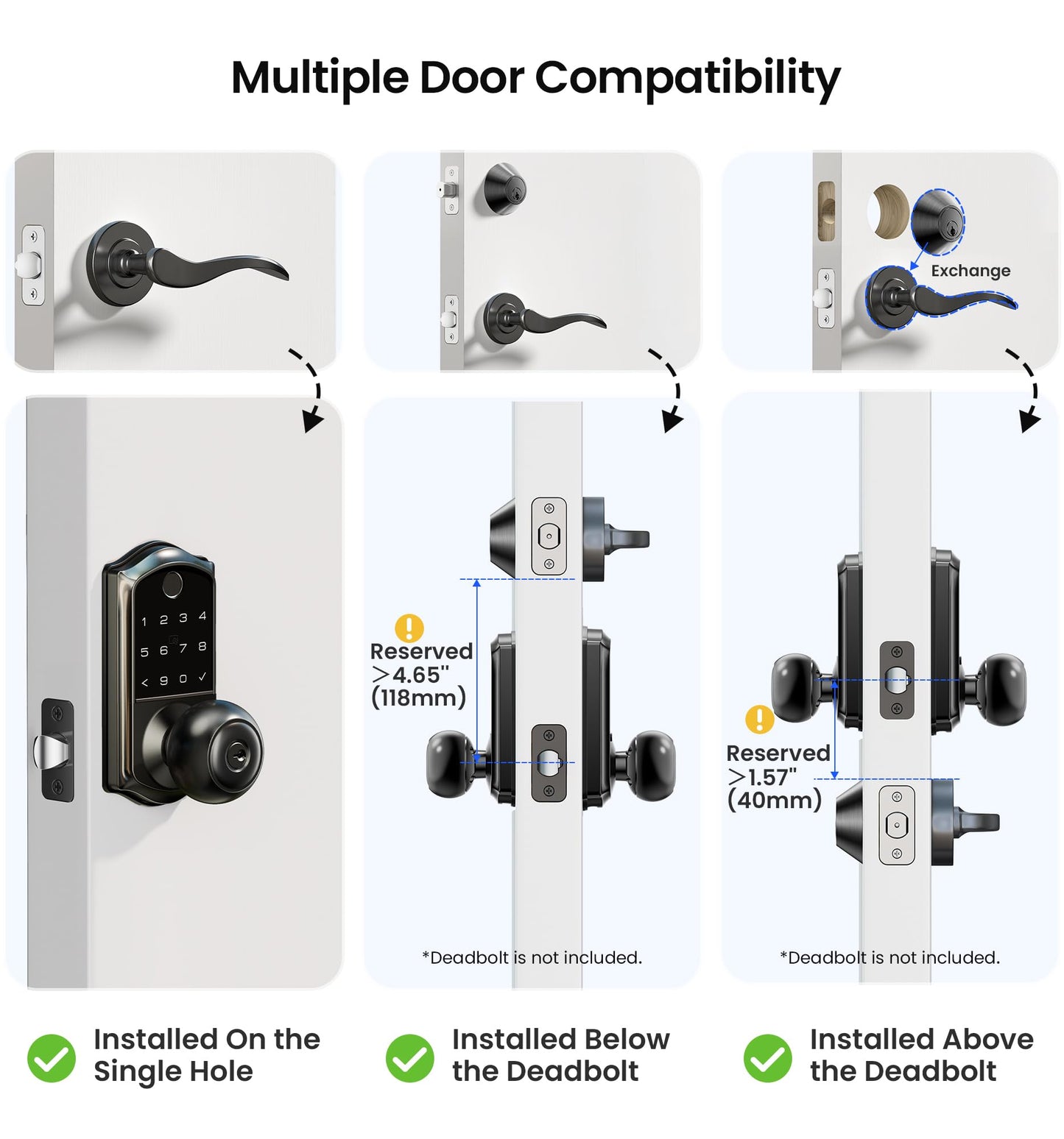 Veise VE018 Smart Knob Handle Lock - Fingerprint, App Control, Keyless Entry for Front Door and Bedroom, Electronic Digital Keypad, Auto Lock, Remote Access Sharing, Easy Installation, Matte Black