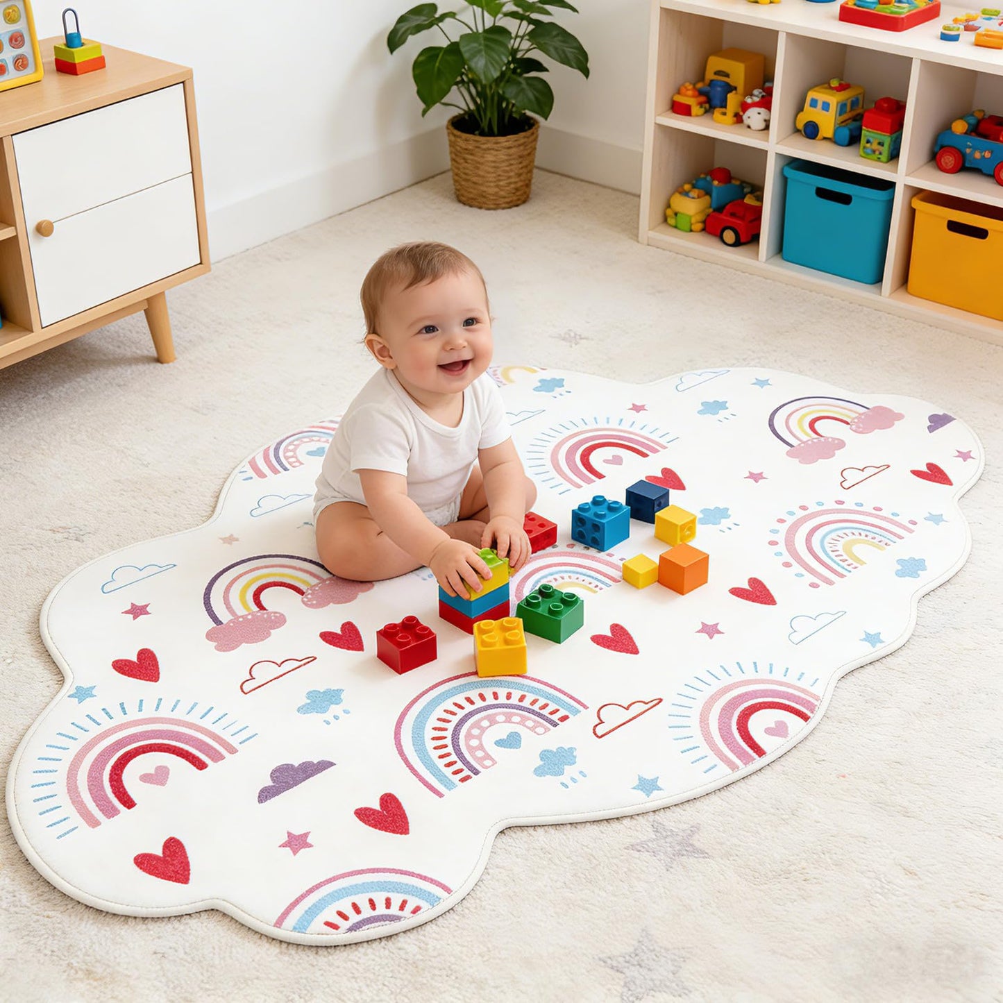HiiARug Rainbow Small Rug for Kids Room, Pink White Fluffy Soft Decorative Floor Mat, Cloud Shape Washable Rugs for Girls Bedroom, Tent Castle,Bathroom,Nursery, Daycare (3'x5', Pink Rainbow)