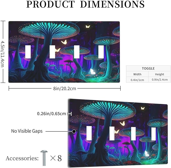 Fantasy Mushroom Forest Glowing Butterfly Quad Gang Toggle Light Switch Cover 4-Gang Wall Plates Decorative Electrical Switchplate for Home Bedroom Art Decorate