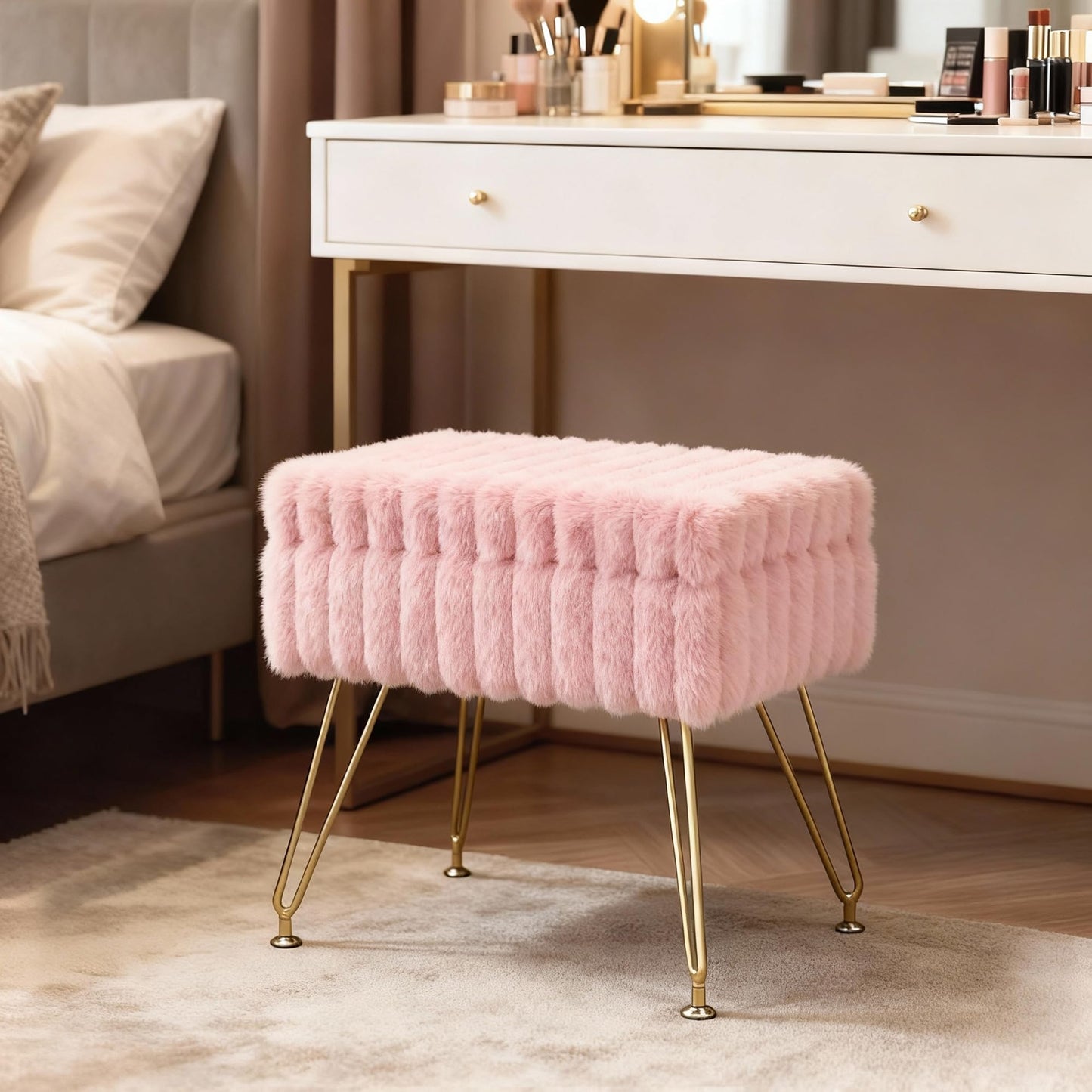 xupersodys Vanity Stool Chair with Storage, Faux Fur Soft Padded Ottoman with Coffee Table, Modern Vanity Chair Fluffy Footstool with Metal Legs for Makeup, Living Room,Bedroom Pink