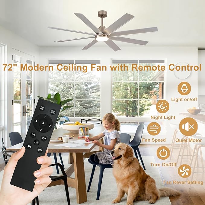 Depuley 72" Large Ceiling Fans with Light and Remote, DC Motor Ceiling Fans with Quiet Reversible Noiseless for Patios Living Room Farmhouse Garage Shop Factory Living Room, Nickel