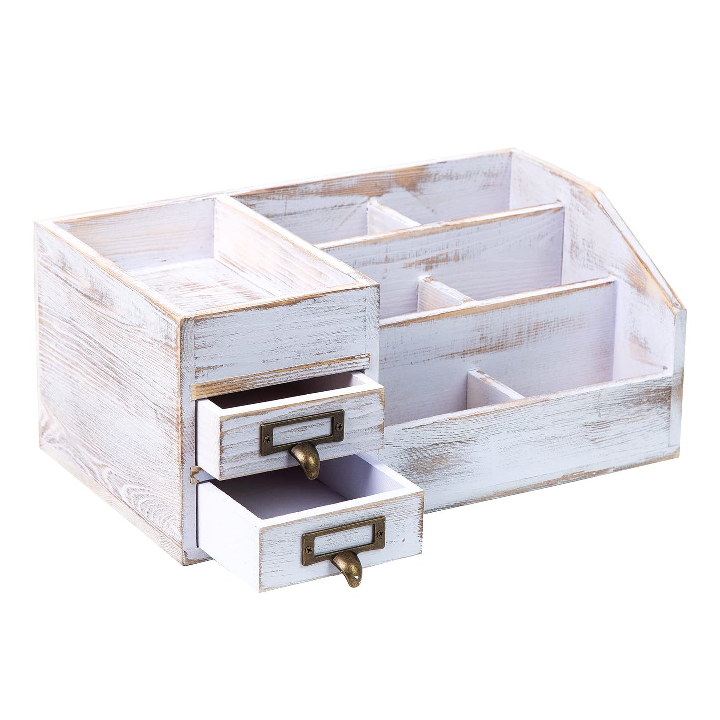 Distressed Rustic Wooden Office Desktop Organizer Shelf Tabletop Home Organizer Storage with Multiple Compartments 2 Tier Drawers perfect Jewelry storage Display Box for Desk Vanity (Washed white)