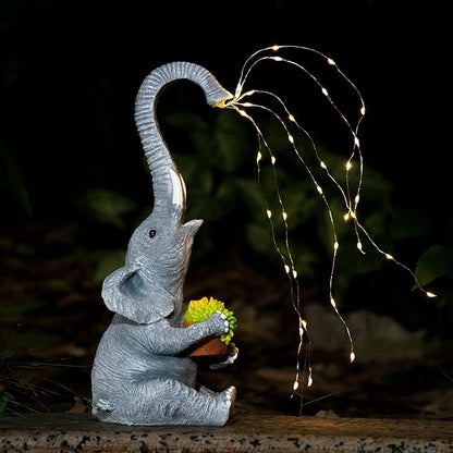 Elephant Garden Statue with Solar Watering Lights, Outdoor Resin Animal Sculpture for Patio, Lawn, Yard – Unique Gift for Women, Mom, Grandma (Grey Succulents)