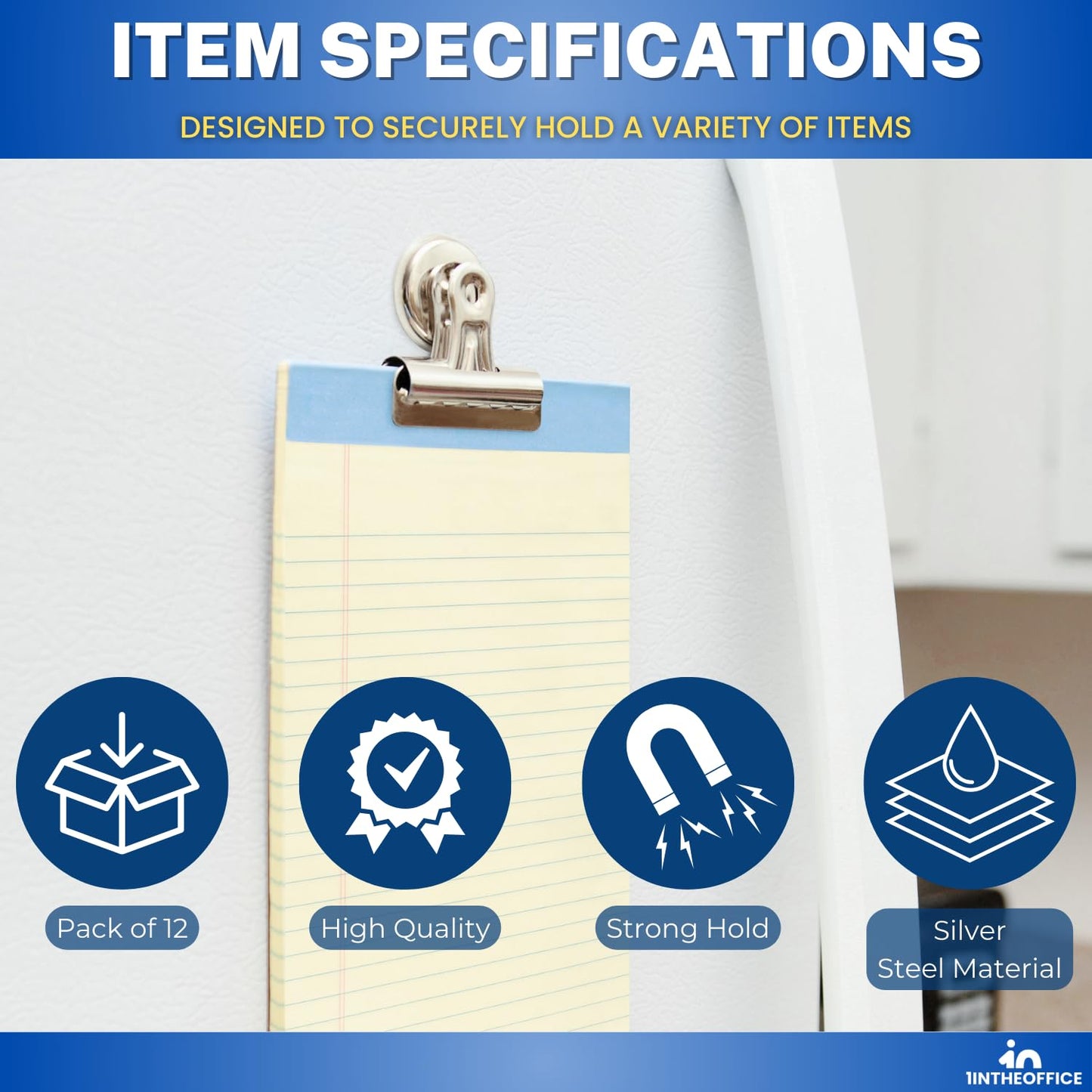 1InTheOffice Magnetic Clips for Refrigerator, Heavy Duty Refrigerator Bulldog Magnet Grip Clips, No. 2, 2.3" Width, 12 Pack, Silver