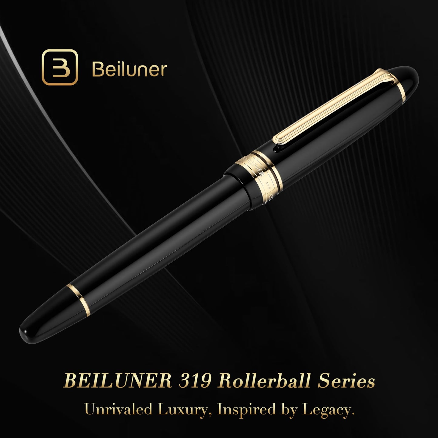 BEILUNER 319 Piano Black Lacquer Rollerball - Stunning Luxury Pen with 24K Gold, Heavy, Schneider Black Ink Refill, Best Gift Set for Men & Women, Professional, Executive Office, Fancy Classic Pens