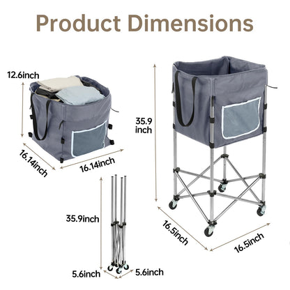 TAIALPHAYI 35.9" Tall Laundry Cart with Wheels, No-Bend Rolling Laundry Basket, Stable Stainless Steel Frame, Collapsible Laundry Hamper for Bathroom, Dorm & Bedroom, 600D Washable Bag – Grey