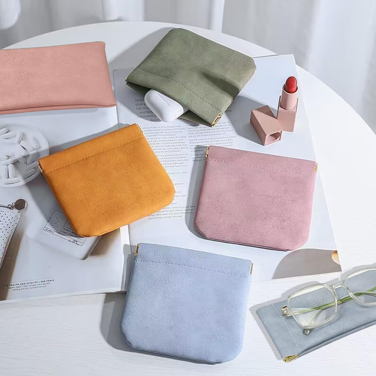 KJMYYXGS 10 pcs Personalized Snap Closure Leather Organizer Pouch for Purse Portable Jolly Wish Pouches Small No Zipper Self-Closing Lambskin Pocket Cosmetic Bag for Women