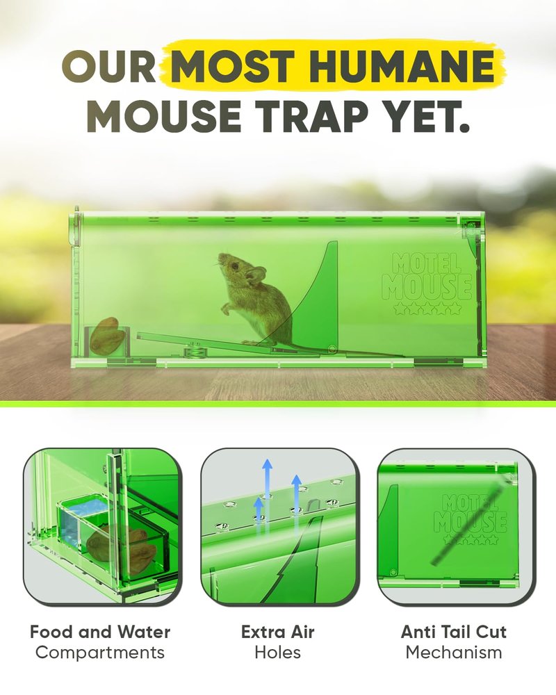 Motel Mouse Humane Mouse Traps No Kill Live Catch and Release 4 Pack - Reusable, Easy to Use & Clean, No Touch Release, Sensitive Includes Cleaning Brush, Instruction Manual & Video - Mousetrap Indoor