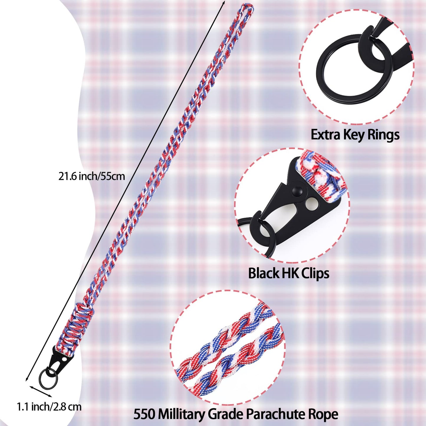 Frienda 2 Set Heavy Duty Paracord Lanyard Necklace Whistles Strap Braided 550 Keychain Lanyard for Outdoor Activities (Red, Blue, White)
