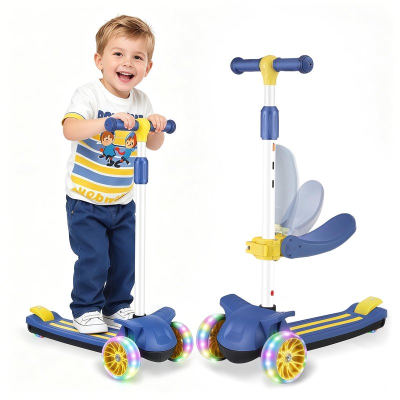 Wheelive 2 in 1 Kick Scooter with Removable Seat, 3 LED Wheels Kick Scooter for Kids, 4 Adjustable Height & Foldable Design Toddler Scooters Sit or Stand Ride for Boys & Girls 2-10 Years Old