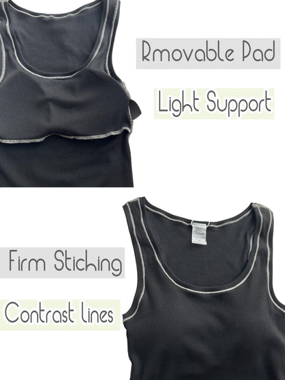 Danysu Women Cotton Rib Tank Top with Built in Bra Square Neck Crop Tank Fitted Basic Tops Black S