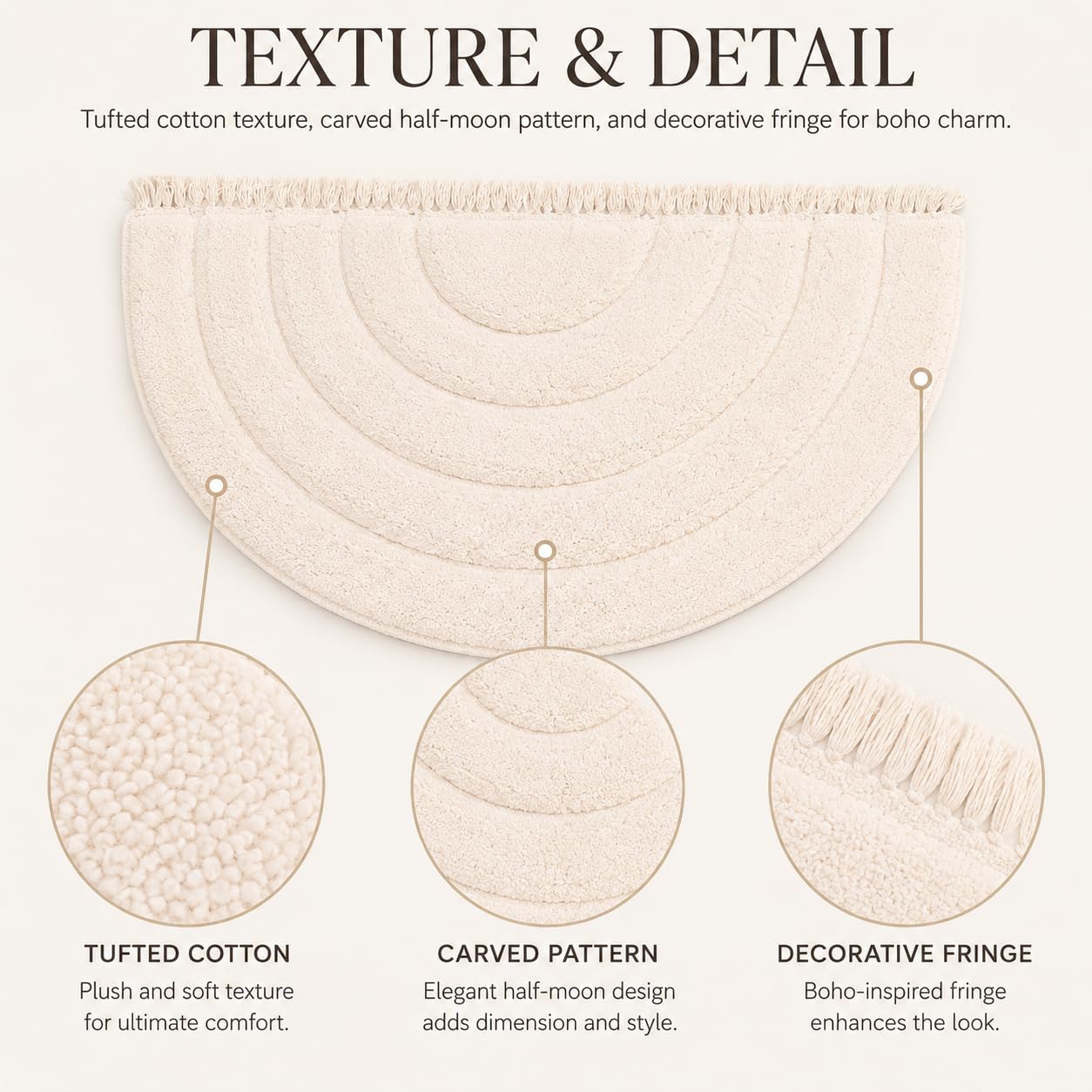 BIEN BEAU Unique Boho Half Moon Bath Rug – Ivory - 100% Cotton Bathroom Rugs - Stylish Non-Slip Bohemian Rug for Bath and Bedroom – Cute Boho Decor 20 x 38 inch