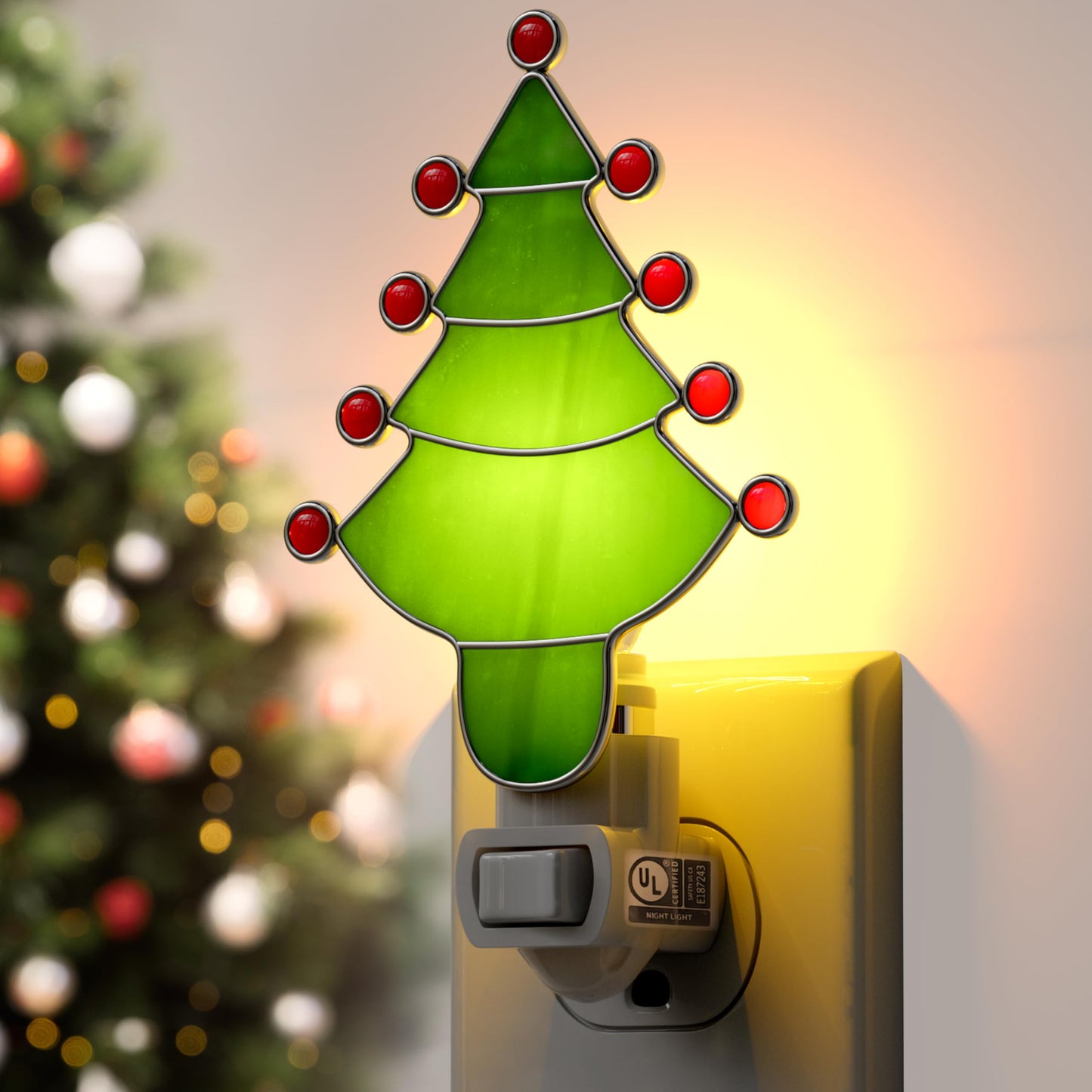 KUNDGLA Night Light Plug into Wall Stained Glass Christmas Tree Pretty Night Lights Plug in 7W Warm White Light Decorative Accent Nightlight Silver Chrome Nightlights Home Decor Gift for Grandkids