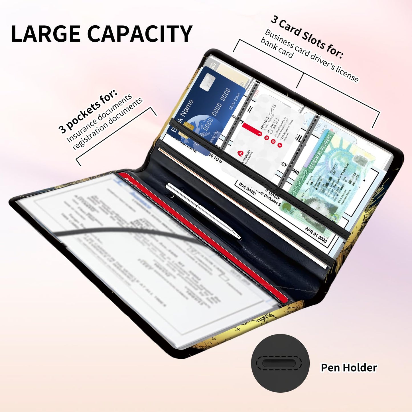 BAUCIWLD Premium Car Registration and Insurance Card Holder, Cute PU Leather Car Document Holder, Vehicle Glove Box Car Organizer with Magnetic Closure for Driver License, Cards Golden Sun and Moon