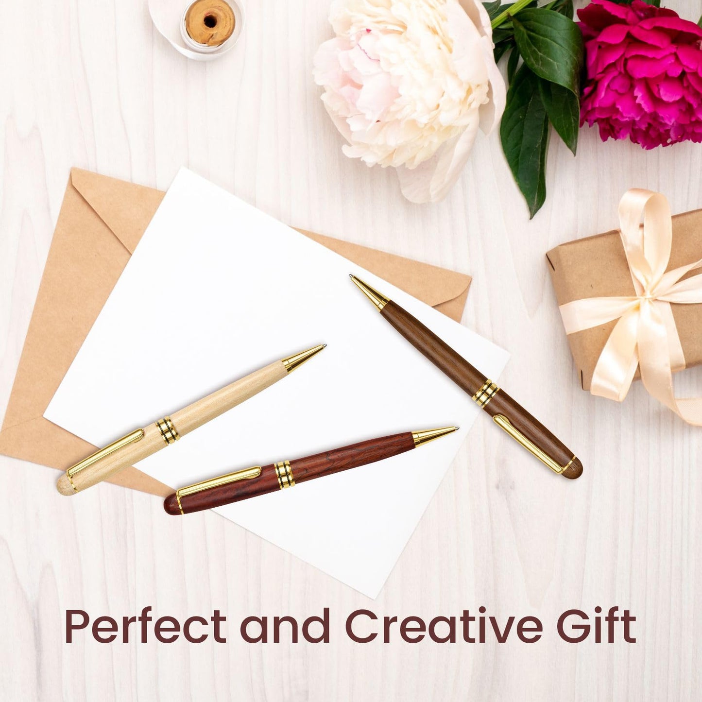 Cambond Wood Ballpoint Pens Gift Set - Luxury Wooden Pens for Men Women Journaling Executive Office, 1.0 mm Medium Point Black Ink, Retractable Twist Writing Pen with Box, 3 Pens with 3 Refills