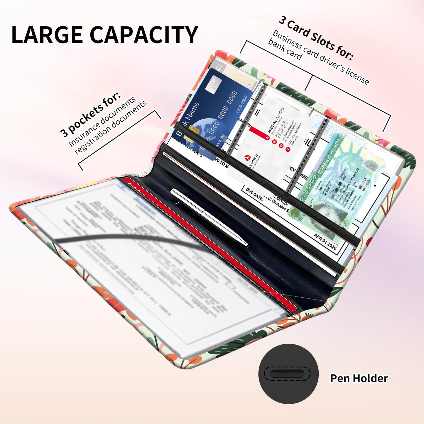 BAUCIWLD Premium Car Registration and Insurance Card Holder, Cute PU Leather Car Document Holder, Vehicle Glove Box Car Organizer with Magnetic Closure for Driver License, Cards Bright Exotic Floral