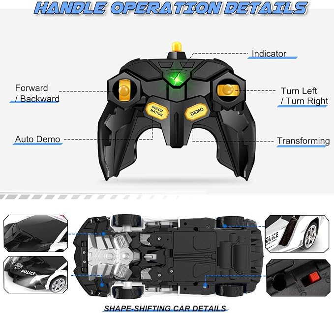 Transform Remote Control Car - Rc Cars One-Button Transforming 360° Rotation Drifting 2.4ghz 1:18 Scale Gift Kids Aged 4-6 Year Old Boys/Girls Police Car Black