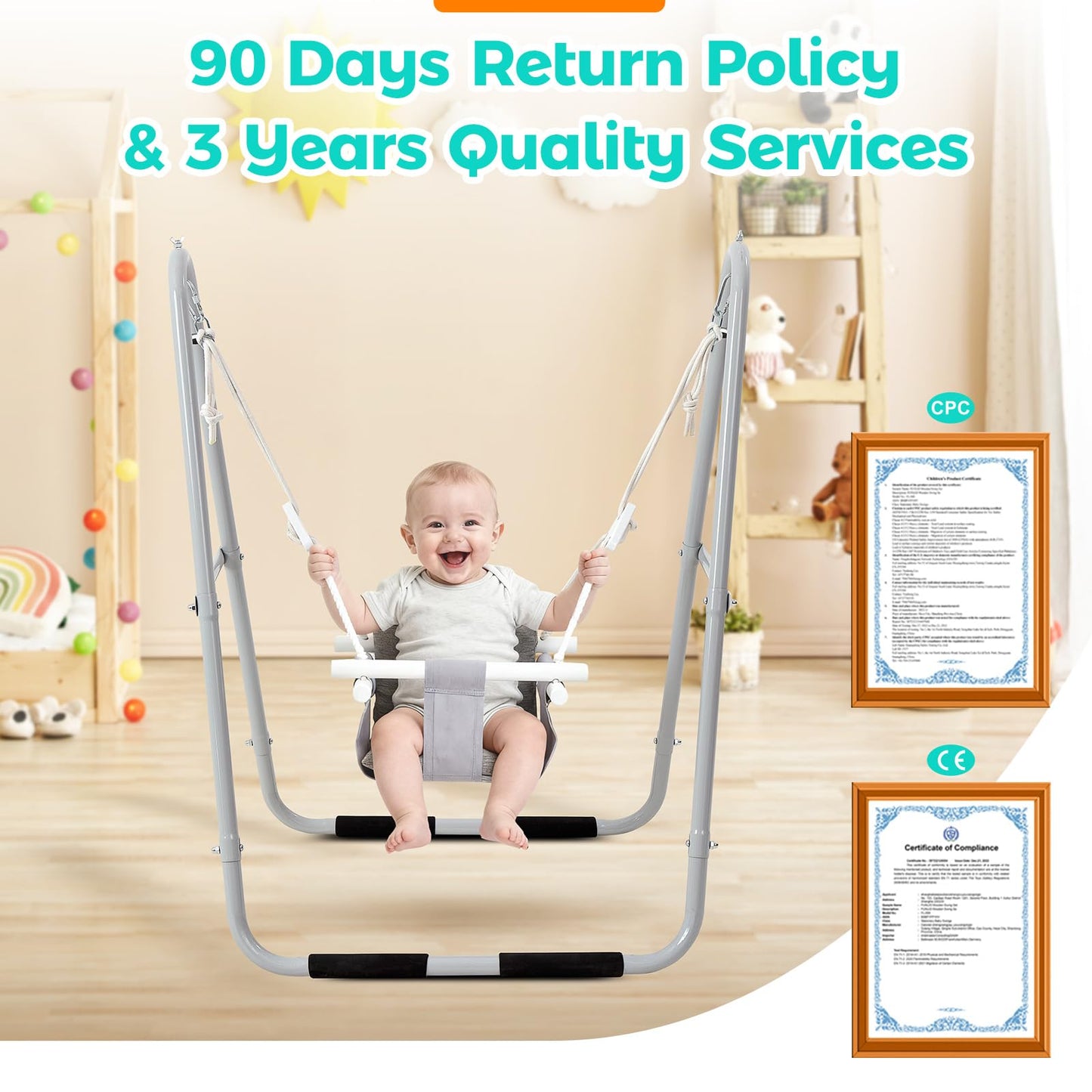 FUNLIO Baby Swing Set for Toddlers 6-36 Months, Foldable & Portable Swing for Indoor & Outdoor, Heavy Duty Metal Frame, Includes 2 Weight Bags & 4 Anti-Slip Pads, Easy to Assemble & Store – Gray