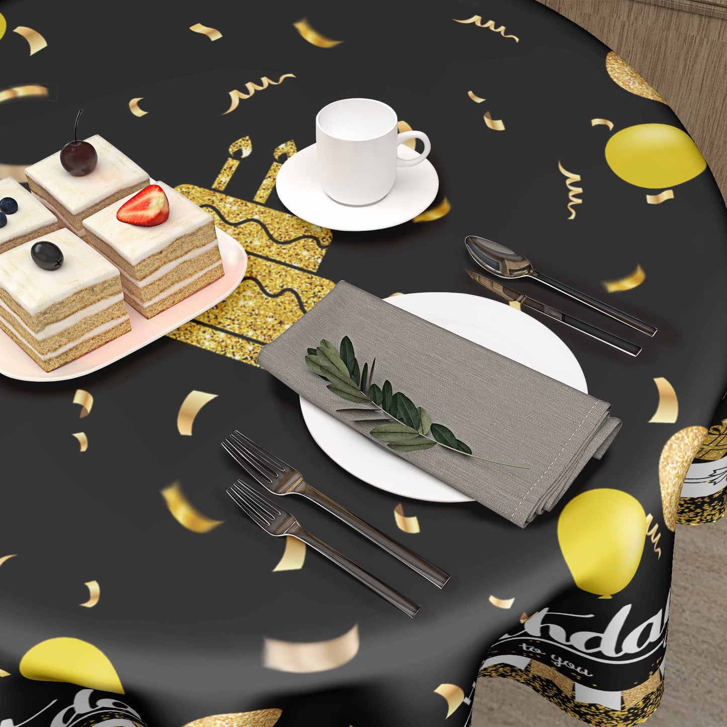 Giwawa Happy Birthday Round Tablecloth 60" Black Gold Birthday Cake Confetti Flags Balloons Gifts Decorative Circle Table Cloth Cover Stain & Wrinkle Resistant for Dining Room Kitchen Indoor Outdoor