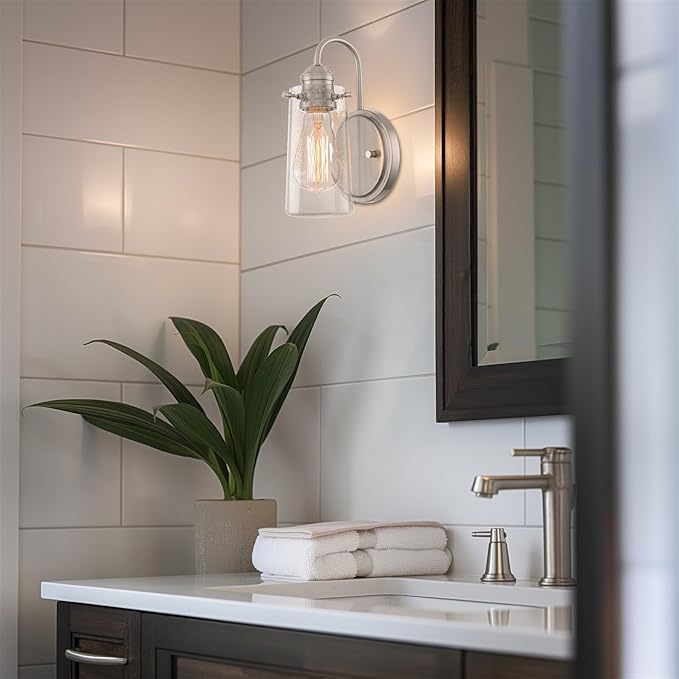 Kira Home Rayne 10" Modern Farmhouse Wall Sconce, Gooseneck Bathroom Light, Seeded Glass Shade + Brushed Nickel Finish
