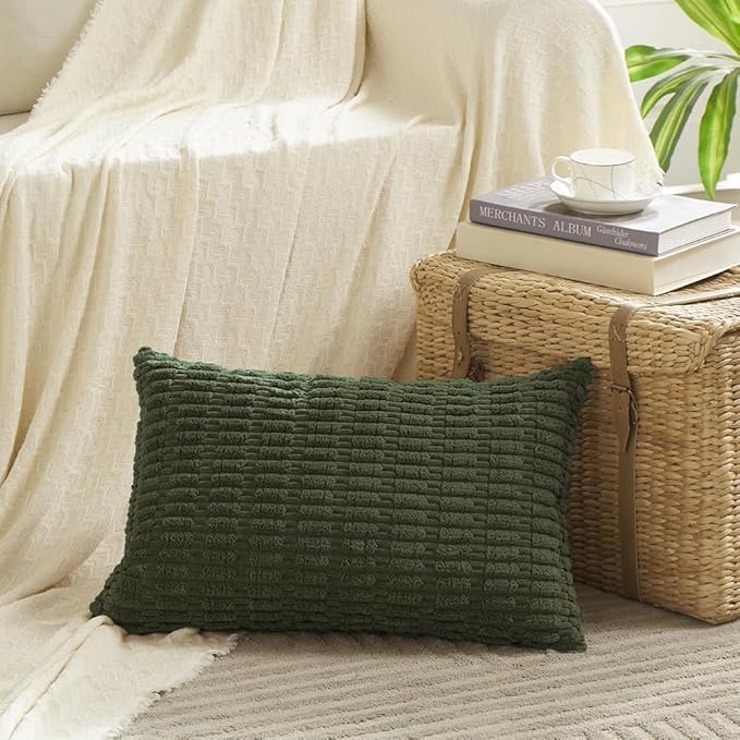 Fancy Homi Boho Olive Green Decorative Throw Pillow Covers 14x24 Inch for Couch Bed Sofa, Rustic Modern Farmhouse Home Decor, Soft Plush Corduroy Cute Square Cushion Case 35x60 cm