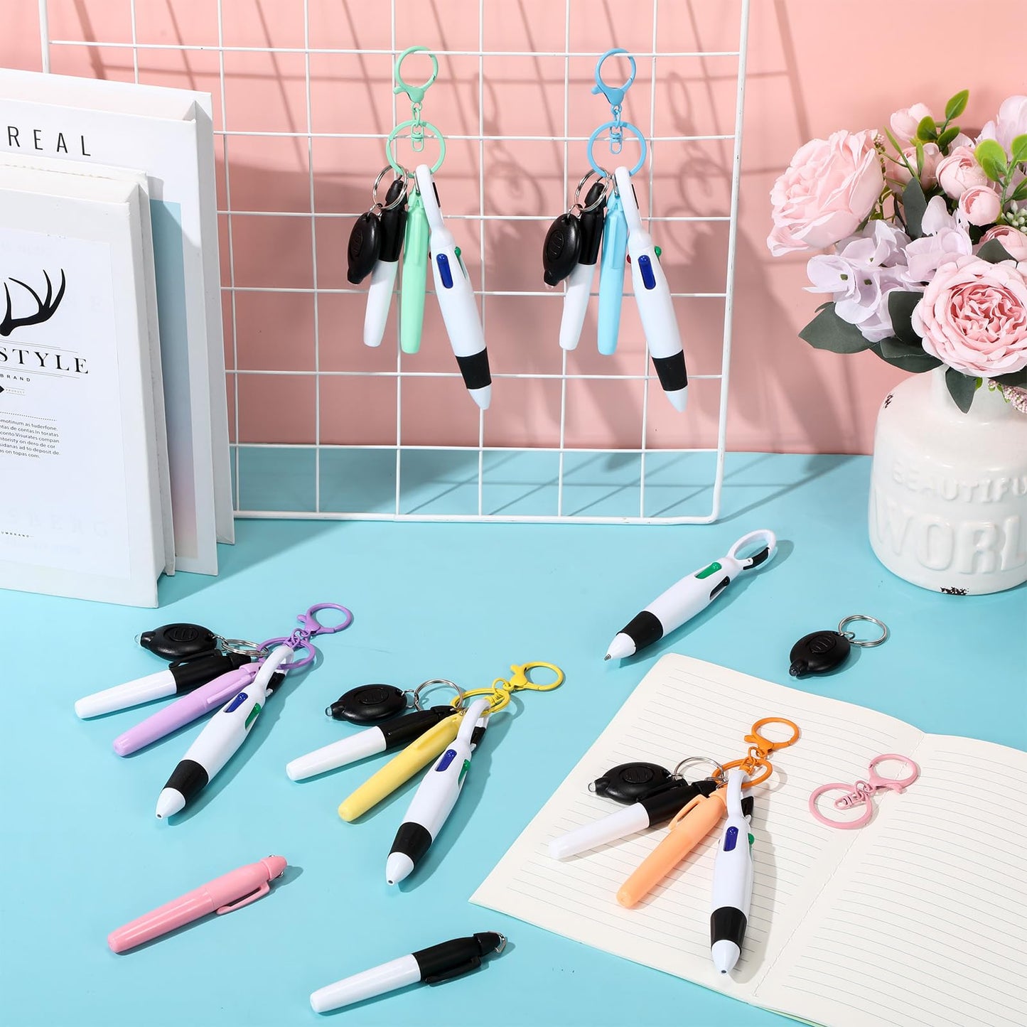 Chinco 30 Pcs Retractable Shuttle Pen Clip with Mini Highlighter Nurse Badge Pen Neon Marker LED Keychain Ring Clip for Nurse Gift(Simple,Black)