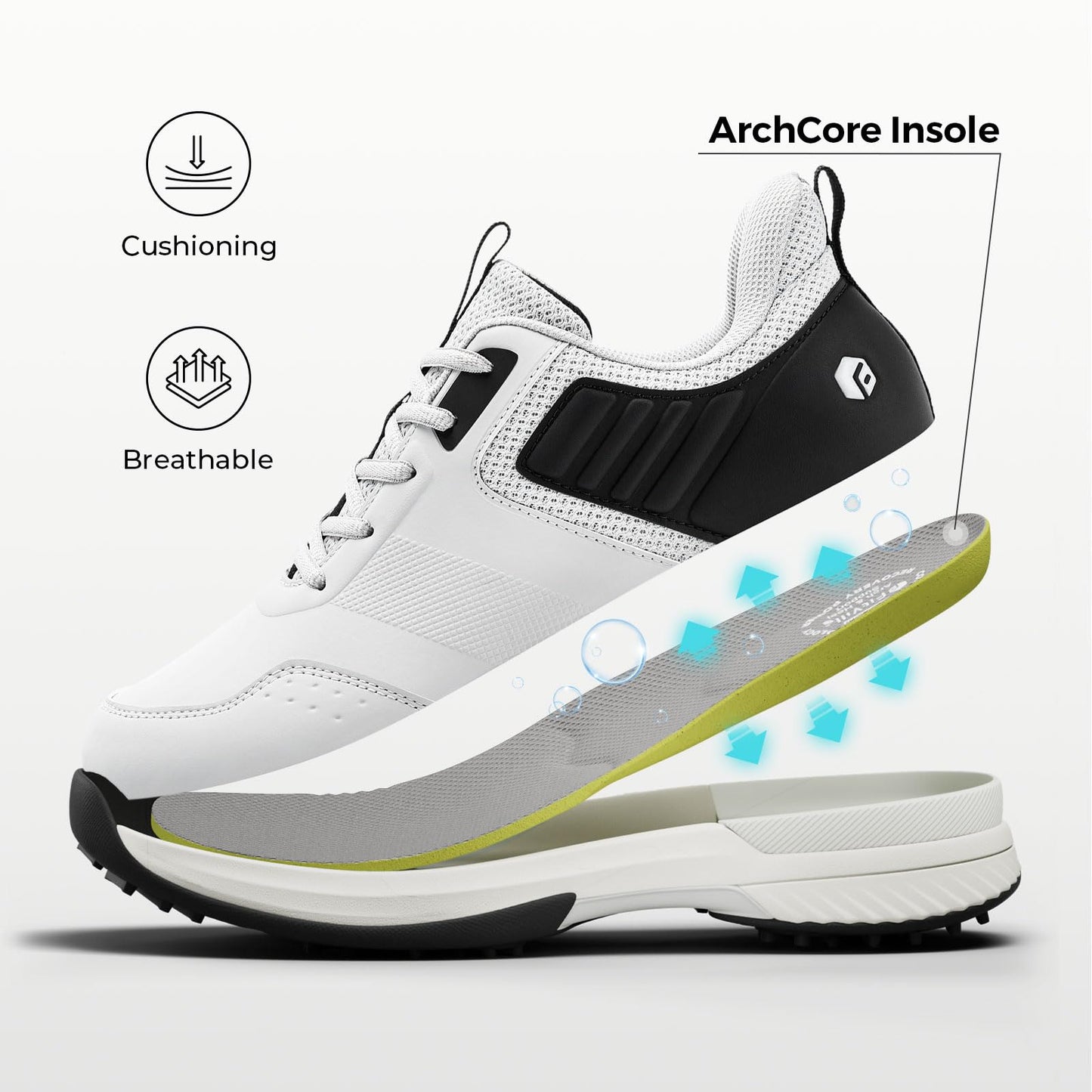 FitVille Wide Mens Golf Shoes Waterproof Spiked Golf Shoes for Men with Arch Support, Gray, Size 10.5 Wide, Slip Resistant