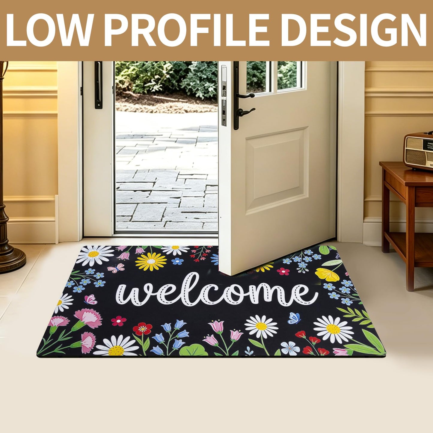 iouwy Spring Summer Welcome Door Mat 17×29 Inch, Low Profile Front Door Mat for Outside Inside Entrance, Non Slip Rubber Back for Indoor and Outdoor Entrance, Floral
