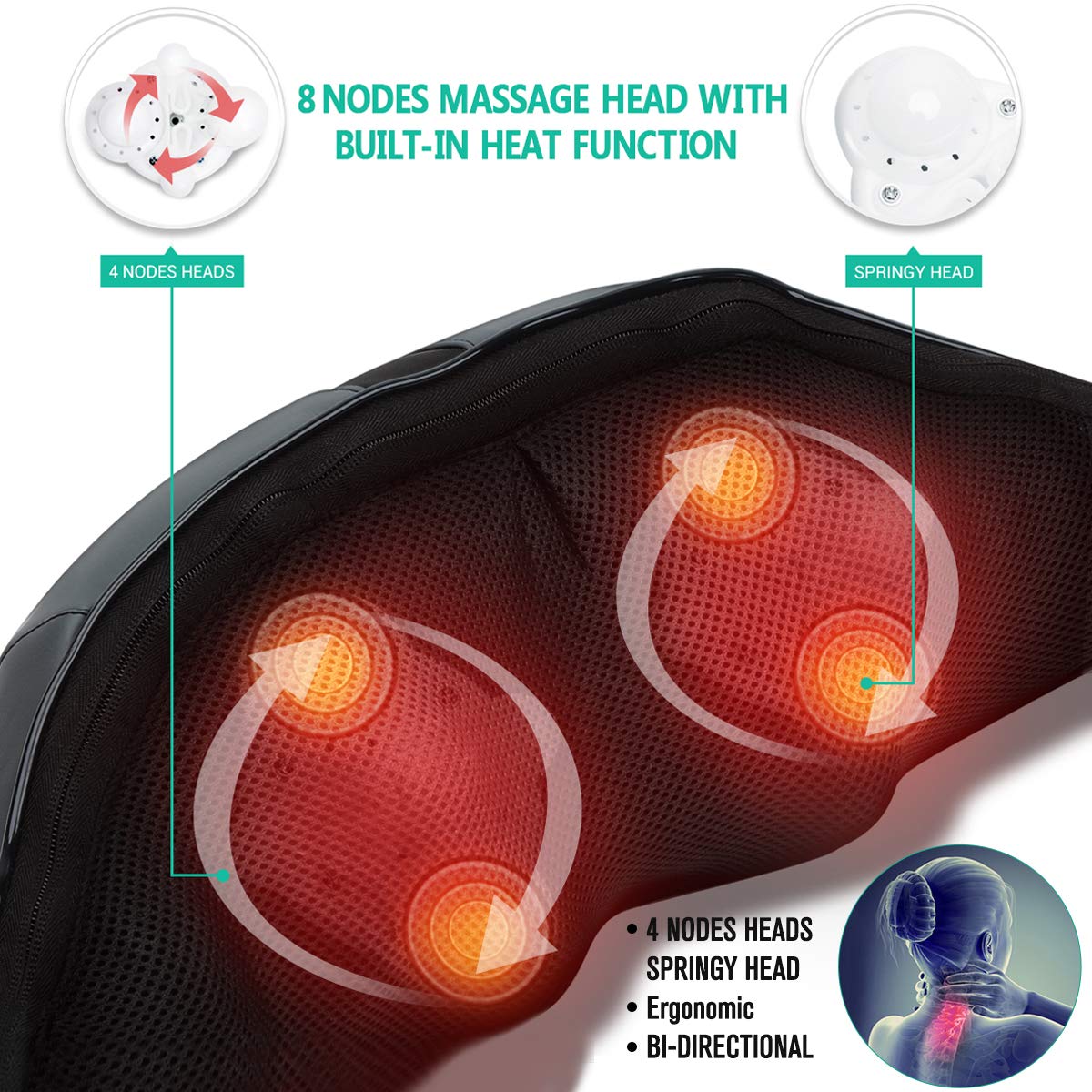 Medcursor Neck Massager, Portable Electric Shiatsu Back Massage Device with Heat, Deep Tissue 3D Kneading Pillow for Muscle Pain Relief (No Battery)