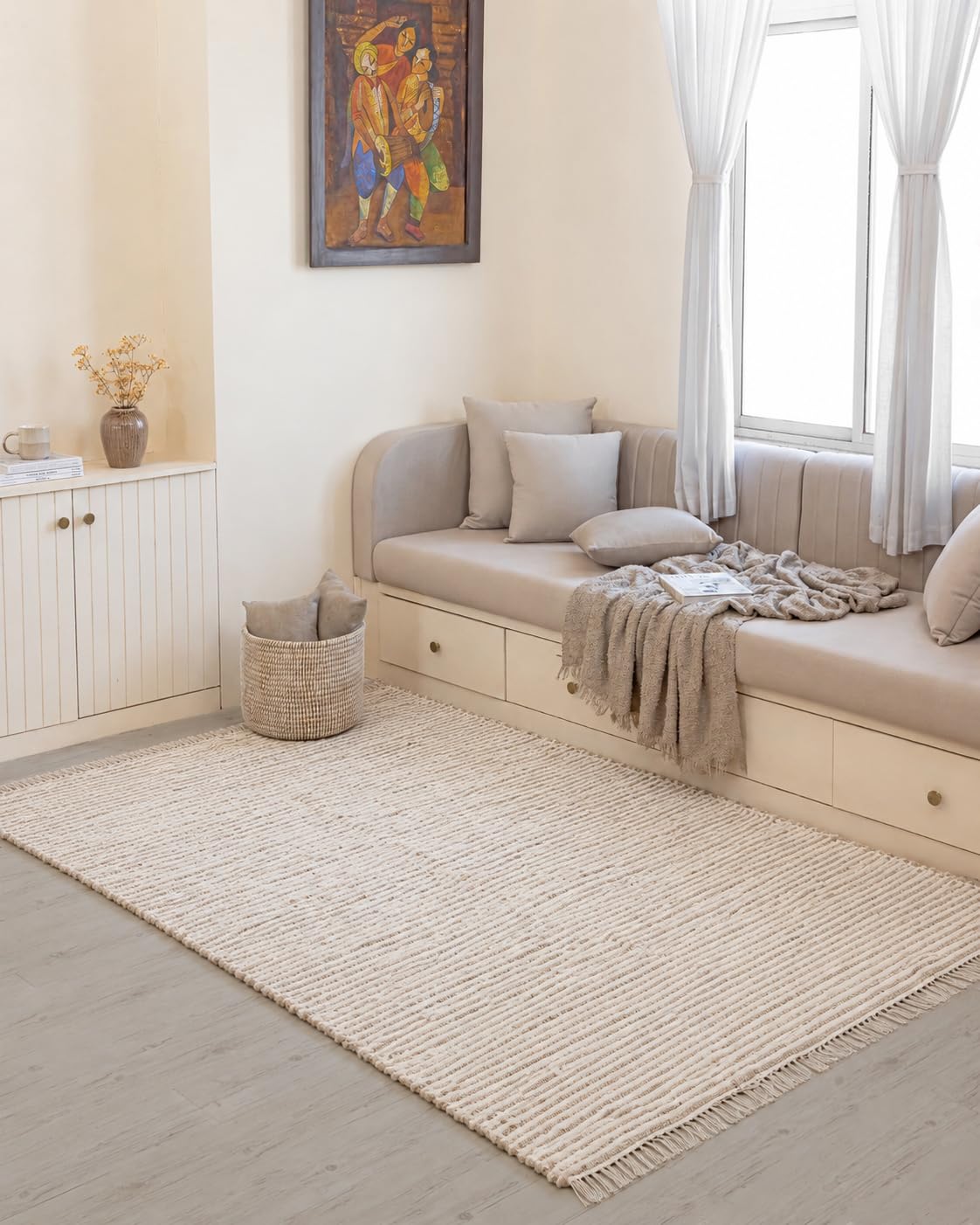 HOMEMONDE Jute Cotton Area Rug 5x8 ft Large Rectangle Hand Woven Natural Farmhouse Rugs for Living Room, Bedroom, Kitchen, High Traffic Area - Rustic Vintage Bohemian (Natural Offwhite)