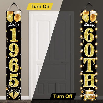 60th Birthday Party Banner Lighted Decorations for Men Women - Black Gold 1965 Birthday Decorations Door Banners with LED Light, Sixty Years Birthday Party Supplies for Indoor Outdoor Decor