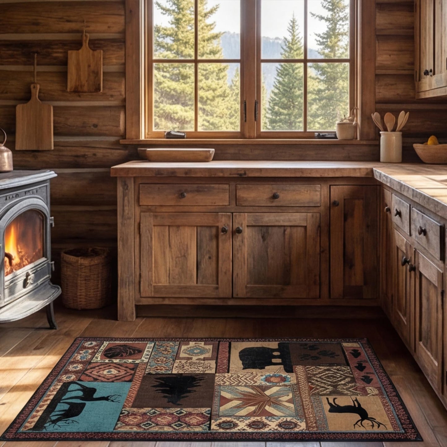 Washable Area Rug 3x5, Rustic Lodge Bear Rugs for Entryway Non Slip Low Pile Southwestern Area Rugs Vintage Large Soft Carpet for Bedroom Office Kitchen Dining Room