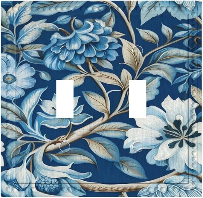 Blue Flowers Branches Leaves Floral Pattern Light Switch Covers Double Toggle 2 Gang Wall Plate Dual Decorative Switchplate Electrical Faceplate for Farmhouse Living Room Decor